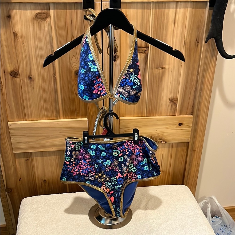 Aerie Navy Floral Bikini Set with Gold Trim
